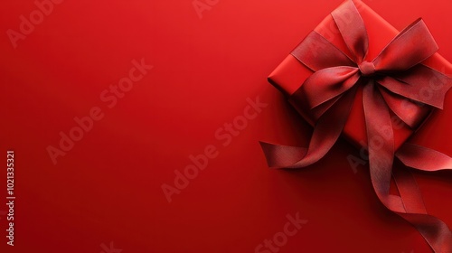 Blank gift greeting card with red shiny ribbon bow tape, isolated on red background, top view and copy space, template for promotion shopping advertising banner, merry christmas and valentine day