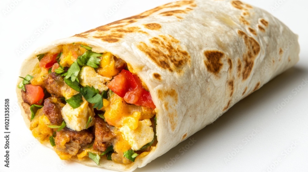Breakfast burrito with eggs sausage and vegetables on a white background appetizing fast food meal. Generative AI Breakfast burrito with eggs sausage and vegetables on a white background appetizing fast food meal. Generative AI