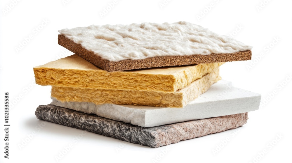 Stack of various building insulation materials on a white background including cork mineral wool and foam for construction and energy efficiency solutions. Generative AI Stack of various building insulation materials on a white background including cork mineral wool and foam for construction and energy efficiency solutions. Generative AI