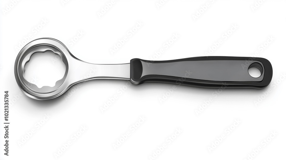 Realistic stainless steel can opener with a black handle isolated on a white background perfect for kitchen tools-related projects. Generative AI Realistic stainless steel can opener with a black handle isolated on a white background perfect for kitchen tools-related projects. Generative AI