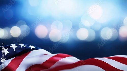 An American flag beautifully displayed on a blue background adorned with bokeh lights, creating a festive atmosphere for USA holiday celebrations. This design offers a copy space banner template, perf photo