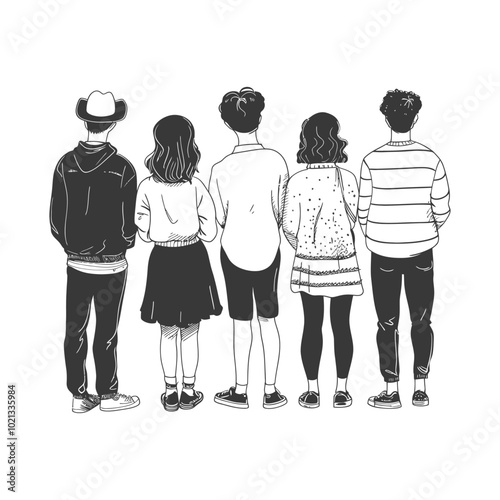Five Individuals Facing Away from the Viewer in a Hand Drawn Sketch