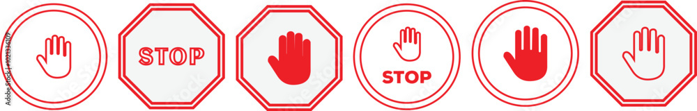 Obraz premium Stop signs set, red traffic car stop hand signal warning symbol.