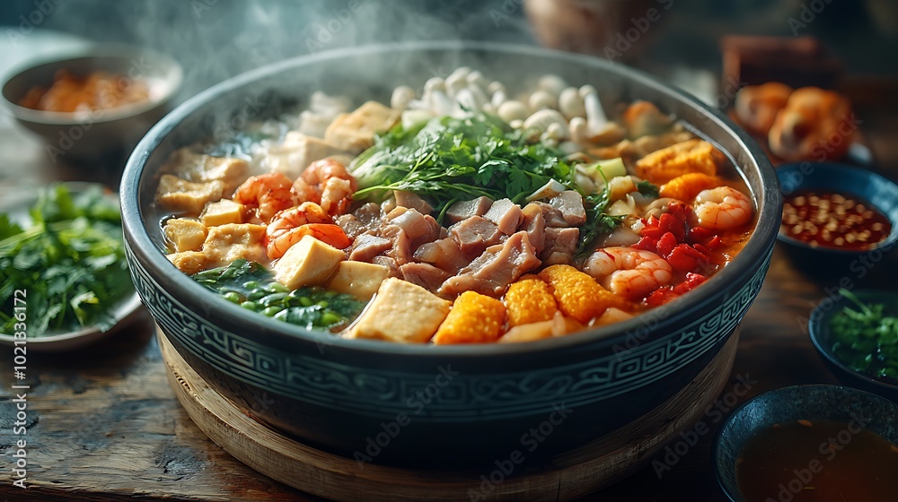 A detailed close-up photograph of a bubbling Vietnamese Lau hot pot, filled with colorful ingredients like sliced beef, shrimp, tofu, mushrooms, and leafy greens. Steam rises from the pot, A detailed close-up photograph of a bubbling Vietnamese Lau hot pot, filled with colorful ingredients like sliced beef, shrimp, tofu, mushrooms, and leafy greens. Steam rises from the pot,