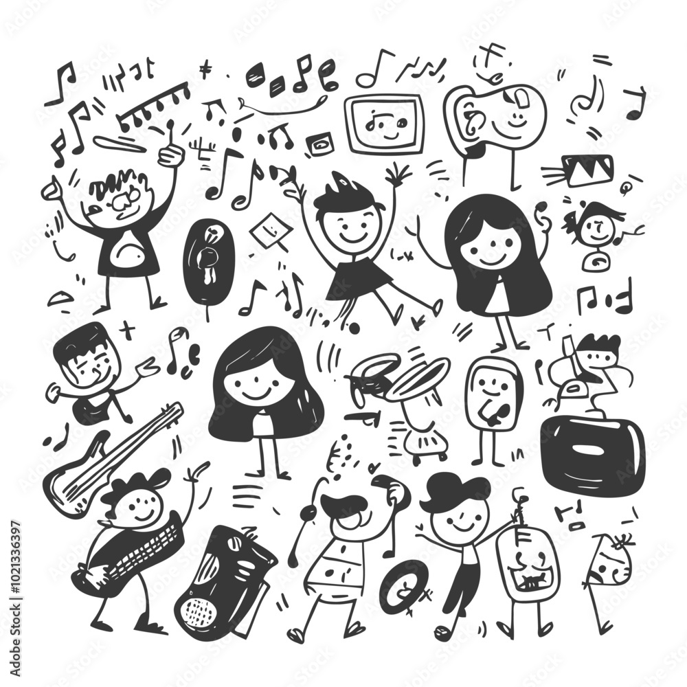 Doodle Illustration of People Dancing and Playing Musical Instruments Doodle Illustration of People Dancing and Playing Musical Instruments