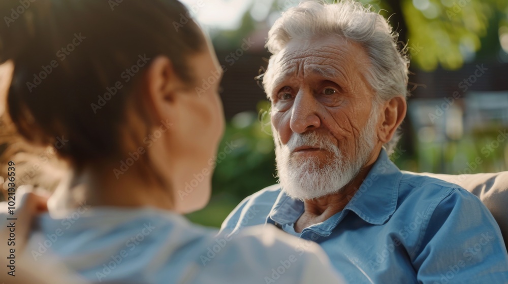 Elderly Man and Young Woman in Conversation: A Moment of Care and Support Elderly Man and Young Woman in Conversation: A Moment of Care and Support