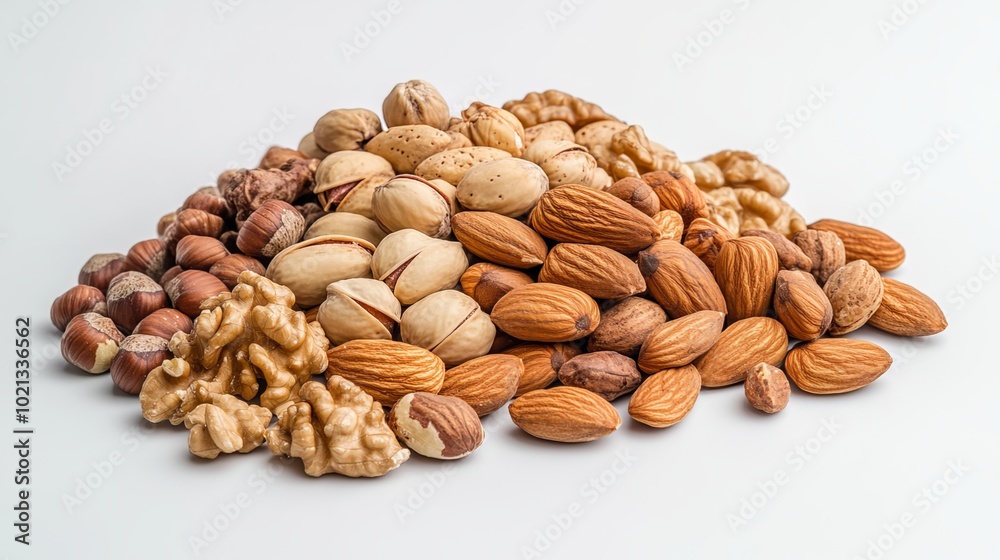 Heap of mixed nuts, a variety of almonds, hazelnuts, walnuts, pecans, and pistachios clustered together on a plain white surface. Heap of mixed nuts, a variety of almonds, hazelnuts, walnuts, pecans, and pistachios clustered together on a plain white surface.