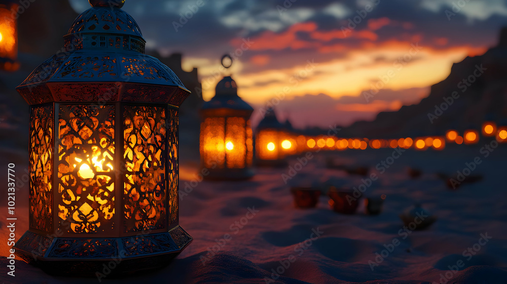 Ornate Lantern Glowing in Desert Sunset - 3D Illustration Ornate Lantern Glowing in Desert Sunset - 3D Illustration