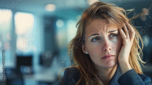 Pensive Woman in an Office Setting: A Moment of Reflection