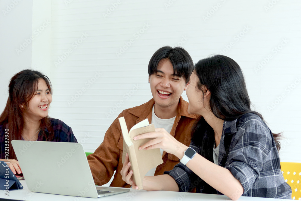 Group of happy Asian high school student friend study together in classroom. Three students engage in study at university. College pupil spend time learning, doing homework. Senior education concept Group of happy Asian high school student friend study together in classroom. Three students engage in study at university. College pupil spend time learning, doing homework. Senior education concept