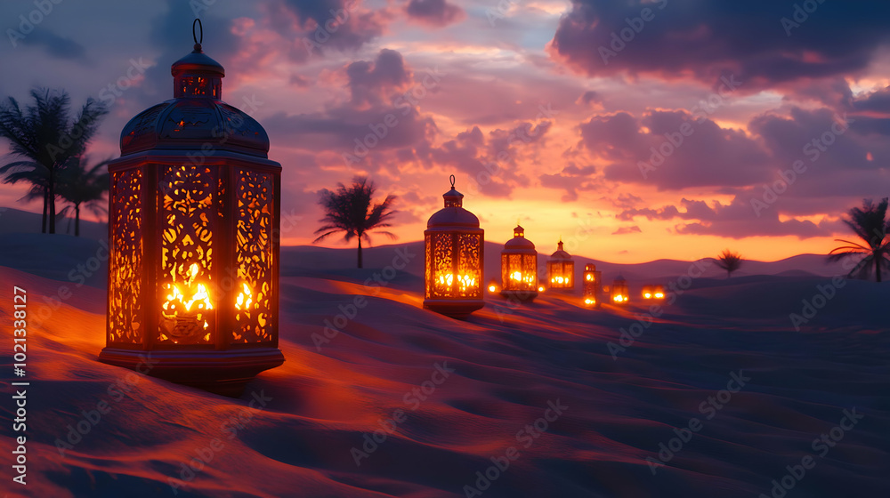 Desert Sunset With Lanterns Illustration