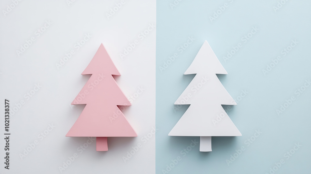 Fototapeta premium Exquisitely Beautiful Minimalist Pink and White Christmas Trees Set Against a Dual Background Design