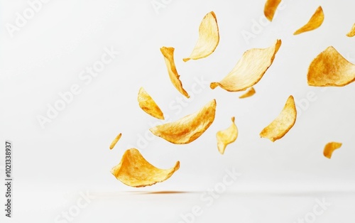 Golden potato chips falling in mid-air suspended on a clean white background ideal for snack food advertising packaging design or creative culinary visuals.. Generative AI