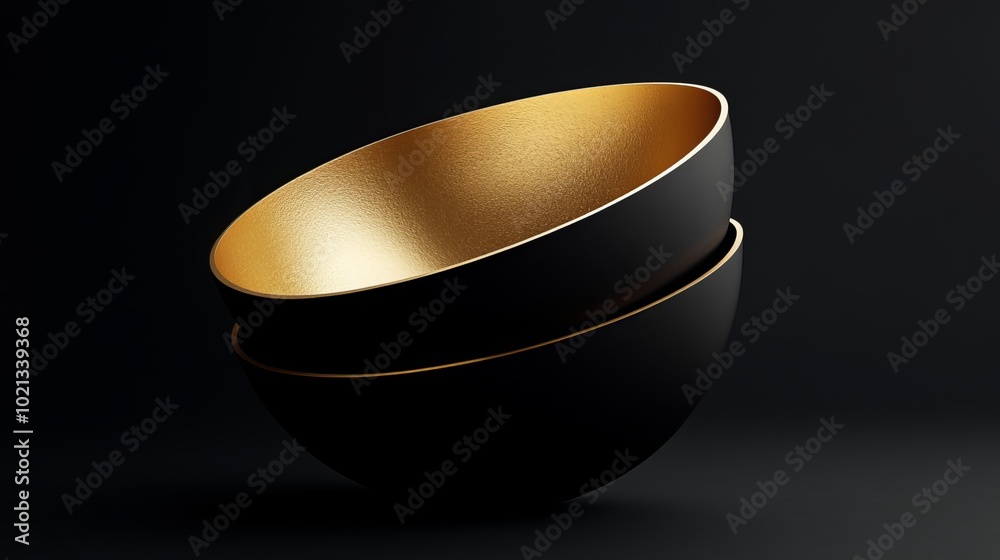 Minimal abstract 3D design with a black and gold color scheme. A golden sphere is contained within a black hemisphere, resembling a stack of bowls. The simple
