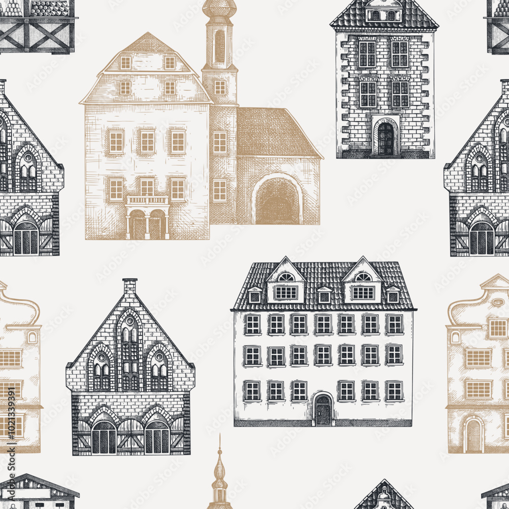 Obraz premium European city architecture background. Vintage houses seamless pattern. Old buildings hand-drawn vector illustration. Architectural design. NOT AI generated