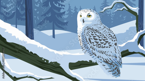 Snowy owl perched on snow-laden branch in winter landscape.