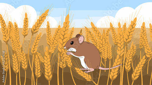 Field mouse nibbling on wheat grain in a field of golden stalks.