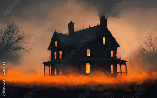 Halloween House at Dusk, exuding an atmosphere that is both chilling and charmingly eerie