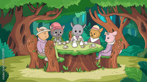 Adorable cartoon animals enjoying a tea party in a magical forest.