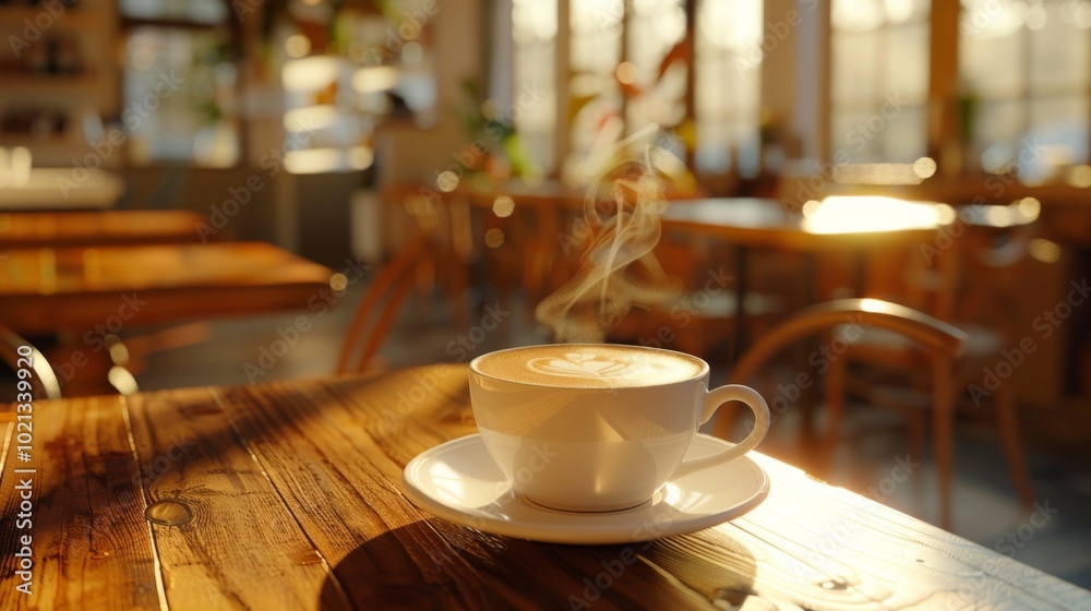A steaming cup of latte art on a wooden table in a cafe A steaming cup of latte art on a wooden table in a cafe
