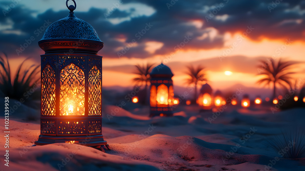 Ornate Lantern in Desert Sunset 3D Illustration Ornate Lantern in Desert Sunset 3D Illustration