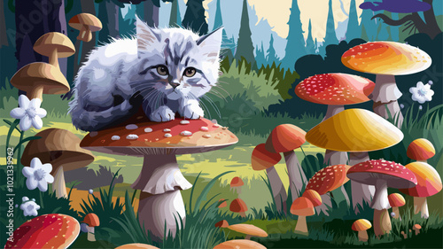 Fluffy kitten perched on a toadstool in a magical meadow.