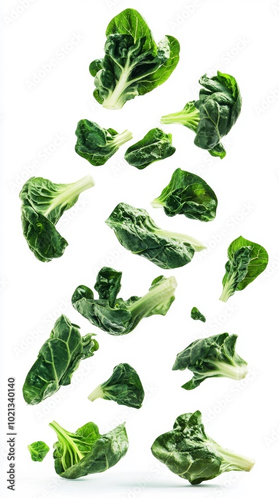 A vibrant and dynamic shot of falling Tatsoi leaves against a white background, creating a fresh and healthy visual for food, cooking, or vegetable-related content. A vibrant and dynamic shot of falling Tatsoi leaves against a white background, creating a fresh and healthy visual for food, cooking, or vegetable-related content.
