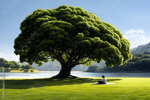 Watercolor scene of a person sitting under a large tree, writing in a journal, with soft brushstrokes reflecting the transcendentalist focus on self-reflection and nature photo