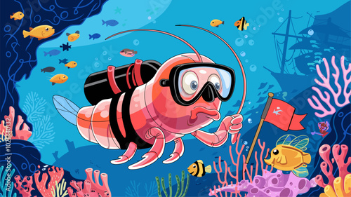 Transparent shrimp with scuba gear exploring coral reef.