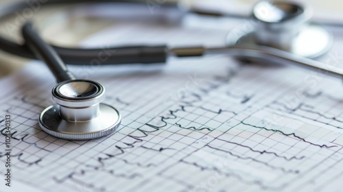 Stethoscope on EKG Chart: Medical Equipment and Heart Rate Monitoring