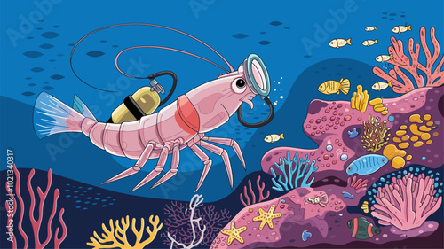 Transparent shrimp with scuba gear exploring coral reef.