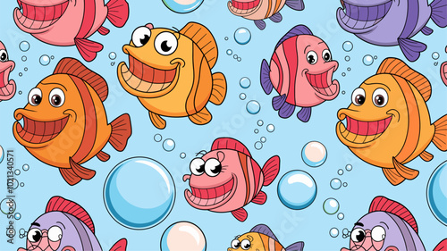 Cheerful pattern of cartoon fish blowing bubbles.