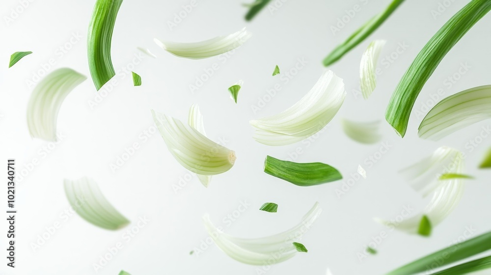 Obraz premium Falling green onion slices suspended in air on a white background perfect for food preparation or ingredient-themed projects.. Generative AI
