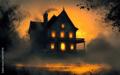 Halloween House at Dusk, exuding an atmosphere that is both chilling and charmingly eerie