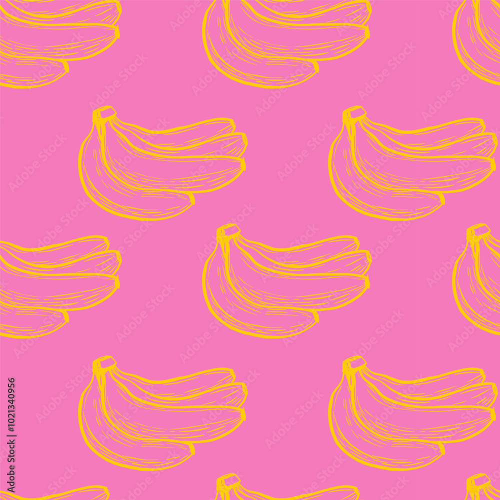 Fototapeta premium Banana pink yellow seamless pattern, doodle, sketch drawing style, packaging design, wrapping paper, vector background