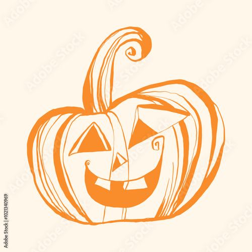 Halloween orange silly pumpkin drawing, whimsical cute vector illustration, Jack o lantern, beige background, warm colors