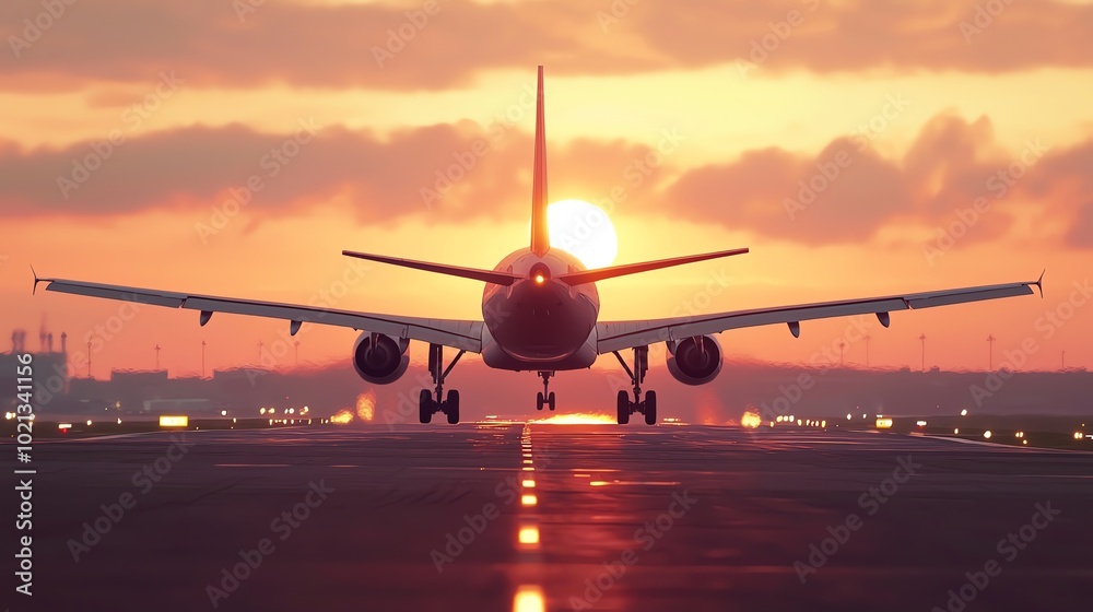Airplane landing at sunset, creating a stunning silhouette against an orange sky. Airplane landing at sunset, creating a stunning silhouette against an orange sky.