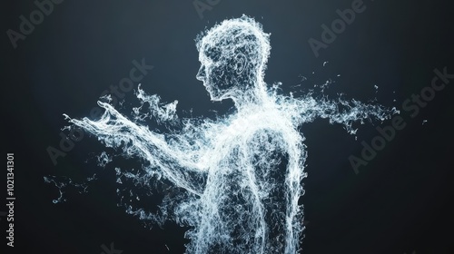 A shimmering water figure stands in the dark, gesturing artistically with an outstretched hand