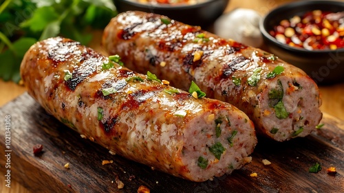 A high-definition close-up shot of a Nem Nuong sausage cut in half, focusing on the juicy, tender interior and the crispy grilled surface.