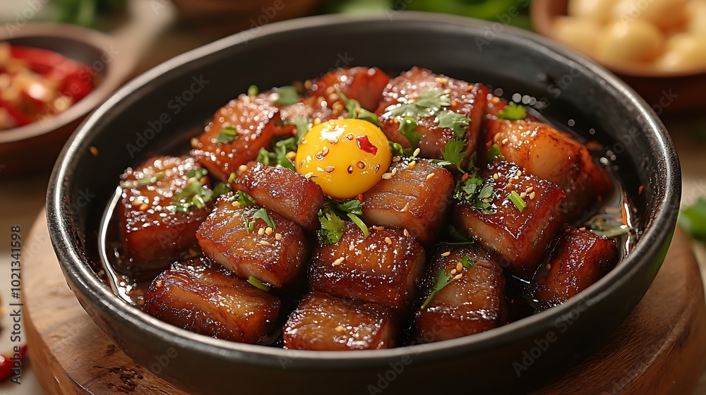 A high-definition close-up shot of a Thit Kho dish, focusing on the rich, caramelized surface of the pork belly and the soft texture of the braised eggs, A high-definition close-up shot of a Thit Kho dish, focusing on the rich, caramelized surface of the pork belly and the soft texture of the braised eggs,