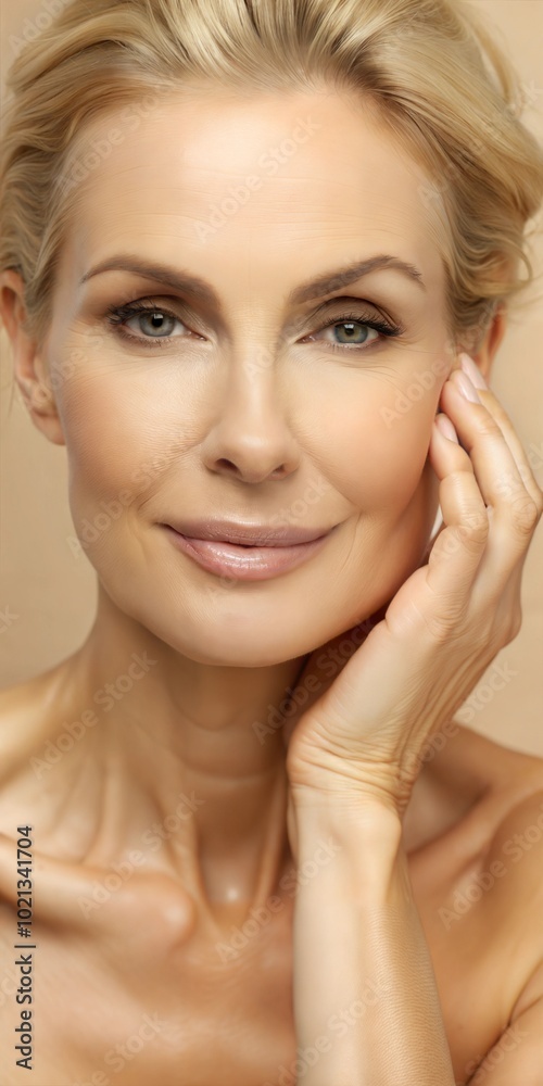 A woman with glowing skin gently touching her face in a studio setting, showcasing natural beauty and tranquility during daylight. Generative AI A woman with glowing skin gently touching her face in a studio setting, showcasing natural beauty and tranquility during daylight. Generative AI