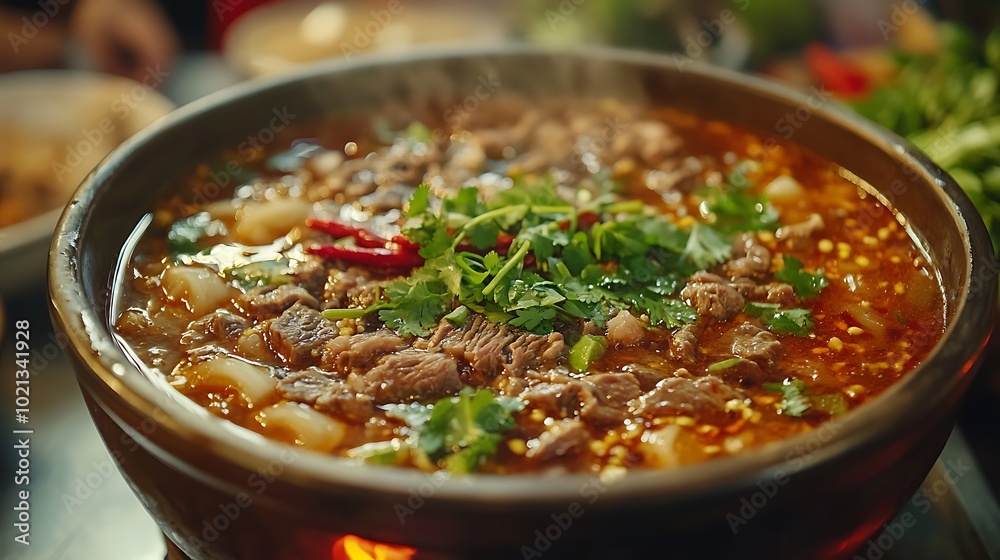 A high-definition close-up shot of Bun Bo Hue, focusing on the tender slices of beef and pork submerged in the rich red broth, with fresh herbs and chili slices scattered on top. A high-definition close-up shot of Bun Bo Hue, focusing on the tender slices of beef and pork submerged in the rich red broth, with fresh herbs and chili slices scattered on top.