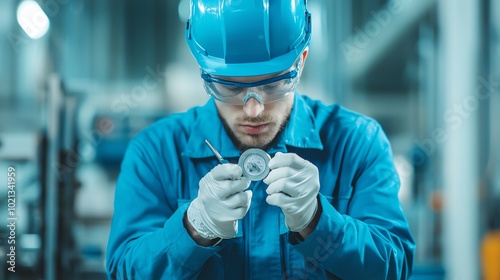 A quality control technician using calipers to measure precision parts, studio lighting, shallow depth of field photo