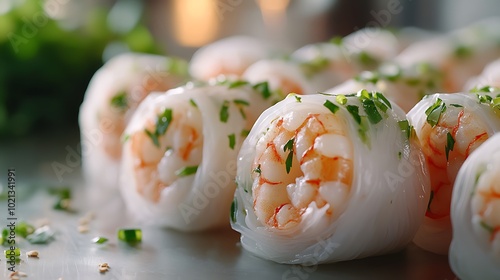 A high-definition close-up shot of Goi Cuon salad rolls, focusing on the translucent rice paper and the vibrant colors of the shrimp, noodles, and herbs inside. photo