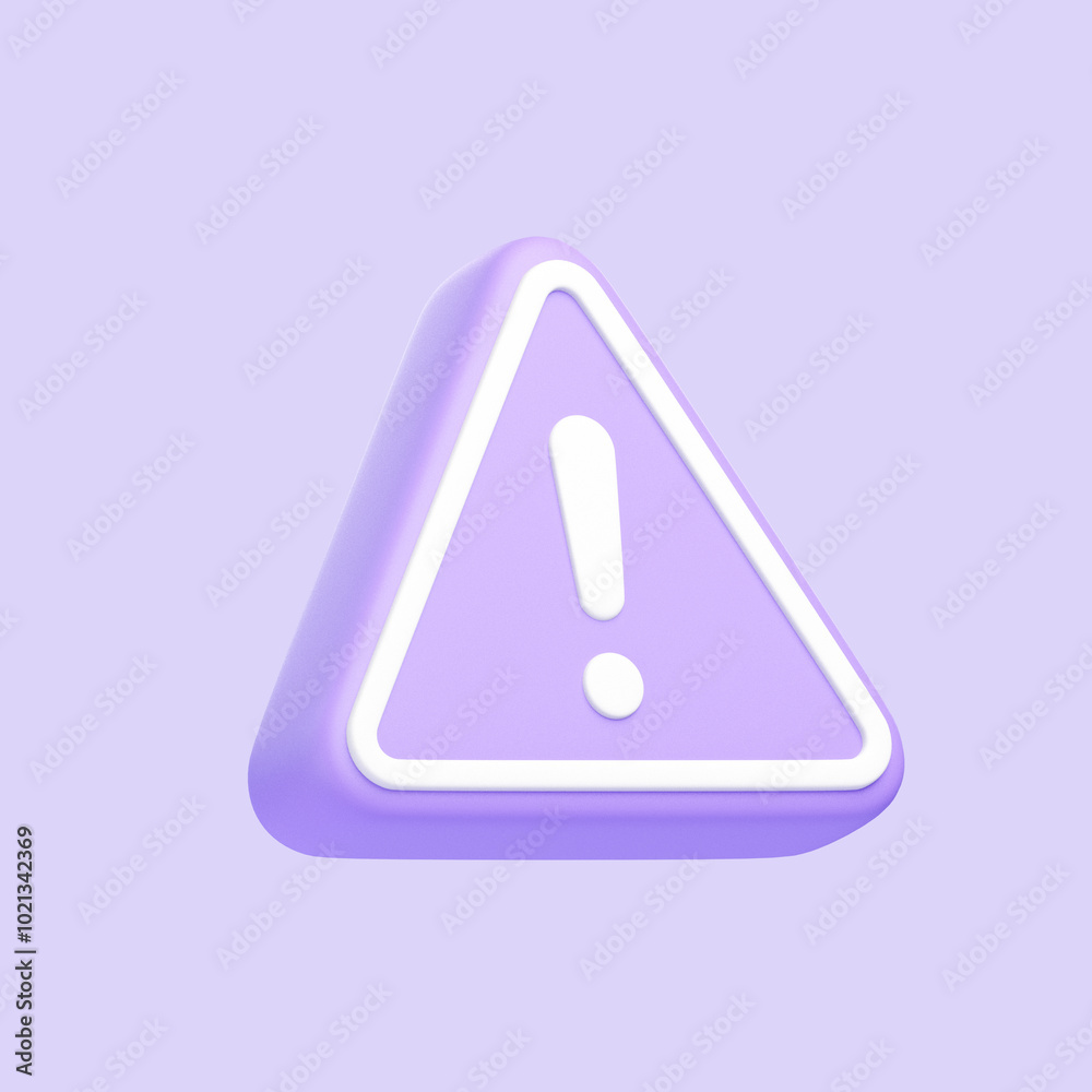 Purple warning icon with a white exclamation mark inside a triangle on a lavender background, symbolizing caution or alert. 3D icon, sign and symbol. 3D render illustration Purple warning icon with a white exclamation mark inside a triangle on a lavender background, symbolizing caution or alert. 3D icon, sign and symbol. 3D render illustration