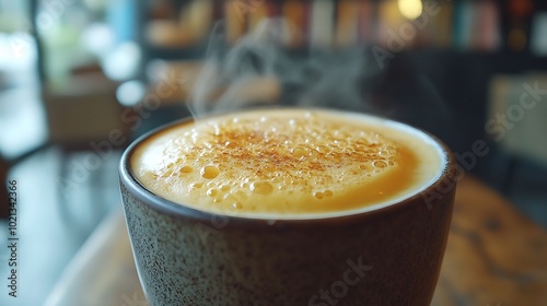 A high-definition close-up shot of Vietnamese Egg Coffee, featuring the fluffy, frothy top layer with microbubbles, contrasted against the rich dark coffee underneath, with steam rising from the cup. photo