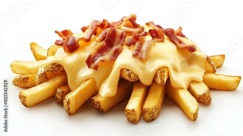 Delicious loaded fries topped with melted cheese and crispy bacon isolated on a white background a perfect fast-food snack concept. Generative AI