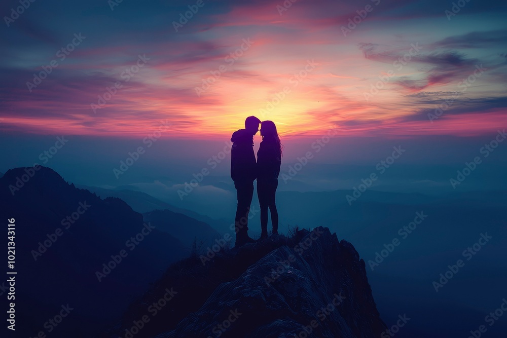 Fototapeta premium Silhouette of a couple embracing on a mountain peak at sunset