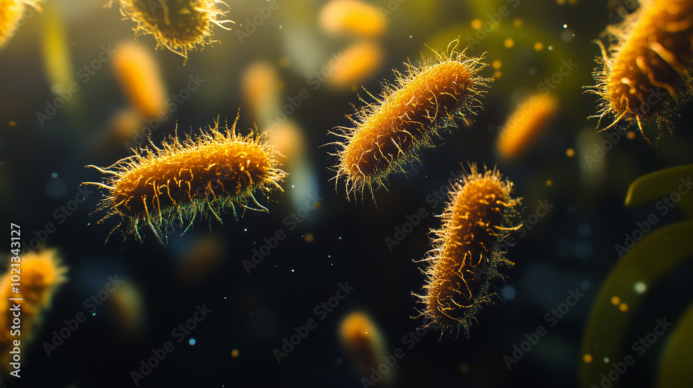 Obraz premium Ancient microbes under microscope reveal intricate cellular structures, showcasing their mysterious and ancient nature, ideal for scientific and educational content.