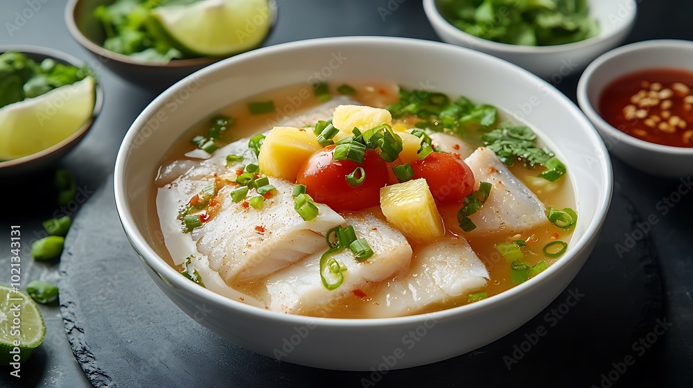 A minimalist photograph of a single bowl of Canh Chua, perfectly centered on a white ceramic plate, featuring tender fish slices, okra, tomatoes, and pineapple in a light, clear broth. A minimalist photograph of a single bowl of Canh Chua, perfectly centered on a white ceramic plate, featuring tender fish slices, okra, tomatoes, and pineapple in a light, clear broth.
